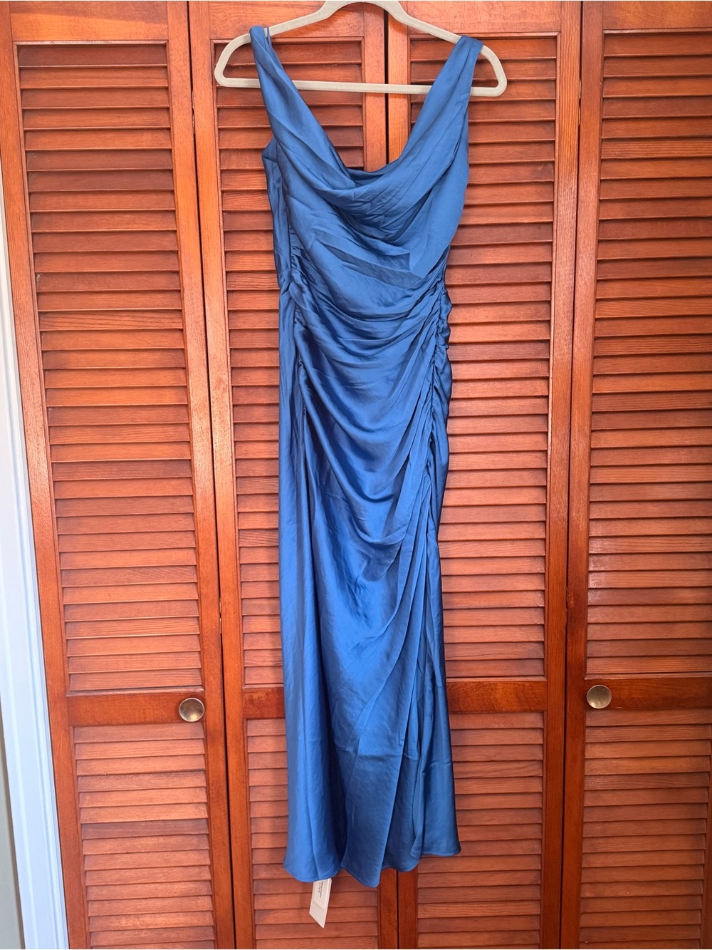 Abercrombie and Fitch Navy Satin Cowl Neck Ruched Maxi Dress | Size XS Tall